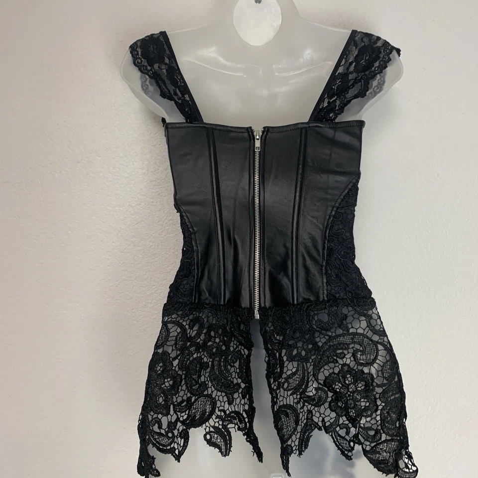 Mujer Pequeño Corsé Estilo Top Steampunk Gótico Imitación Cuero Bustier Encaje Negro S Foto 4 de 4