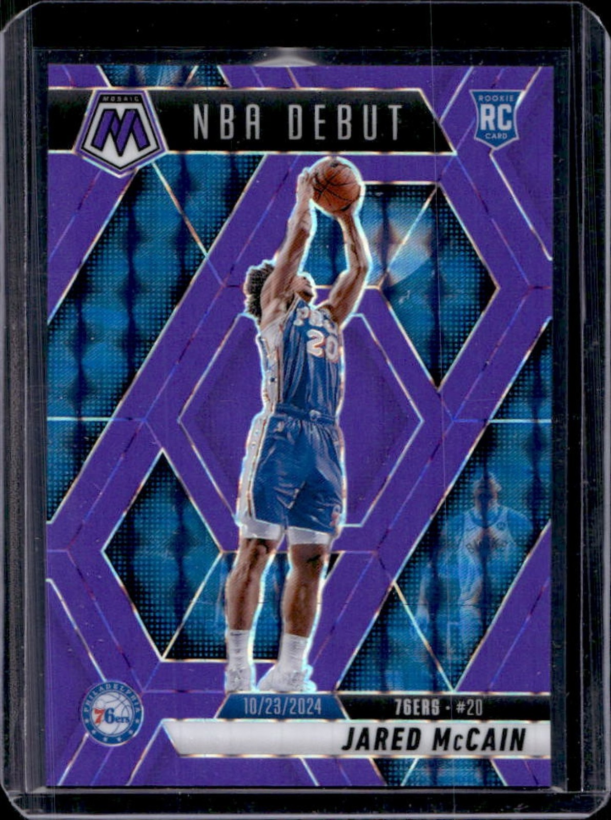 2024-25 Panini Mosaic Jared McCain RC Purple Fluorescent Mosaic NBA Debut #/249
