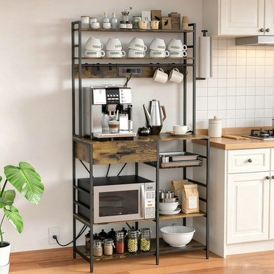 Large Brown Shelf Unit with Power Outlet,  Freestanding Storage Organizer