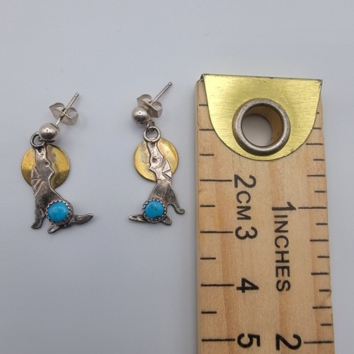 Vintage Sterling Silver Howling Wolf Moon Turquoise Dangle Earrings Signed 1993 - Picture 8 of 8