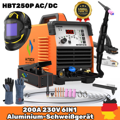 HITBOX AC/DC WIG Puls Schweißgerät 230V 200A MMA mit Fußpedal HelmHandschuhe