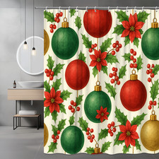 Christmas Shower Curtain with Red and Green Ornaments and Poinsettias