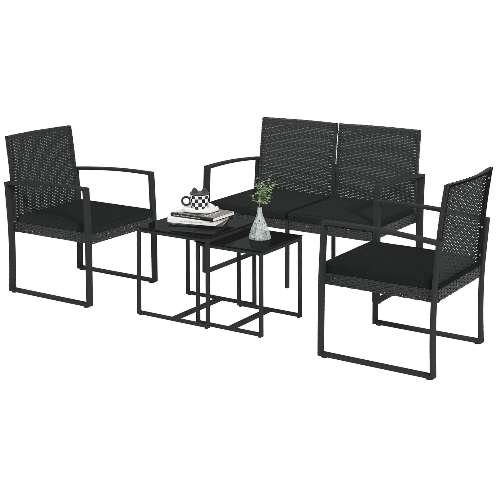 Outsunny Set da Esterno con 2 Sedie, Divanetto e 2 Tavolini Effetto Rattan