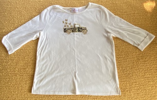 Quacker Factory Camo Truck Gold Embroidered Fall Leaves Cream 3/4 Sleeve Sz L - Picture 2 of 6
