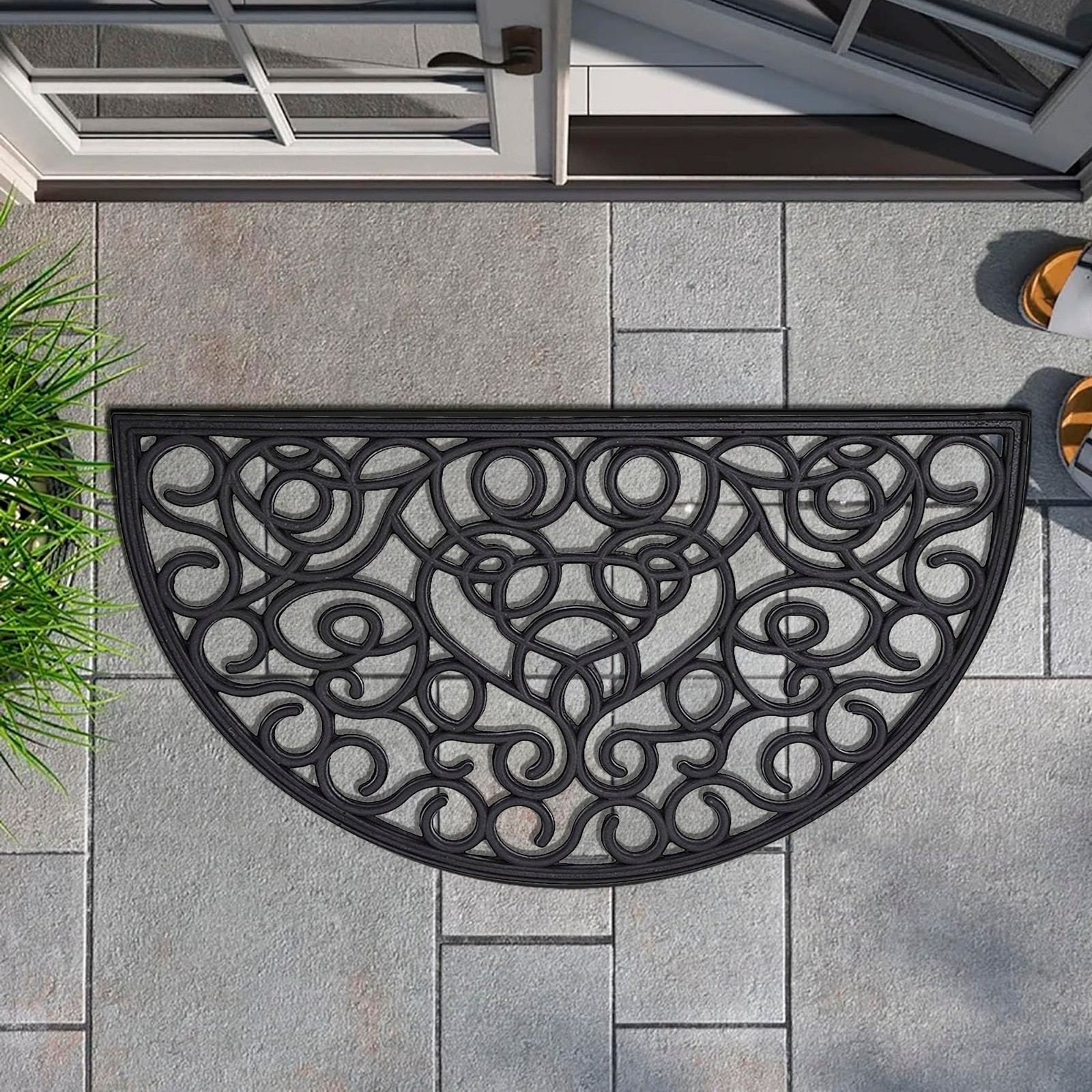 Durable Black Half Round Outdoor Rubber Doormat 30x18 Inches