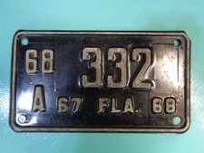 1967-1968 Florida Motorcycle License Plate a 68-332 Harley, Honda, BMW,