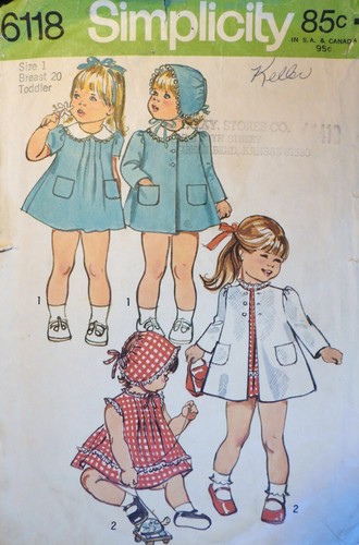 Vtg 1970s Simplicity 6118 Tucked Dress Coat Bonnet Hat SEWING PATTERN Toddler 1