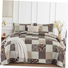 Floral Plaid Patchwork Fall Quilt Set Queen Size 3 Queen 90"x 90" Taupe