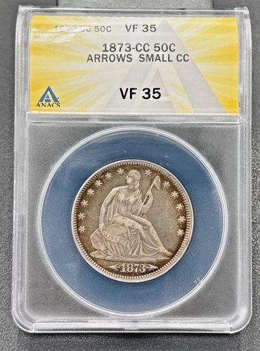 1873 CC 50c Seated Liberty Half Dollar PCGS VF-25, Small CC Arrows Key Date Coin