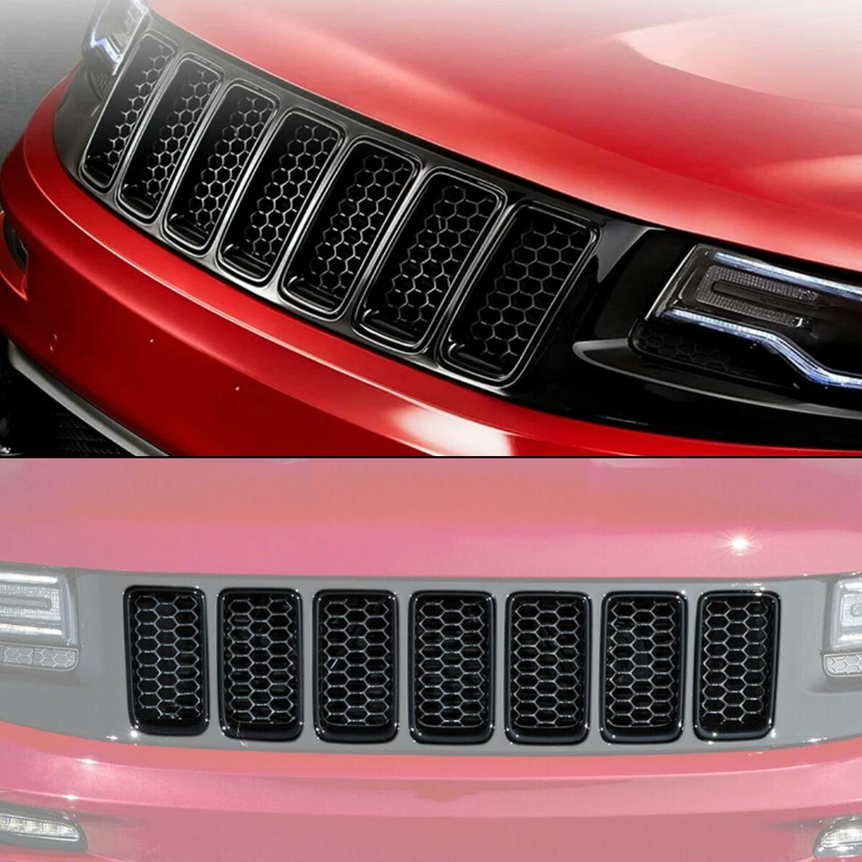 For 2014-2016 Jeep Grand Cherokee 7PCS Front Grille Trim Ring Insert Cover Black Foto 2 de 4