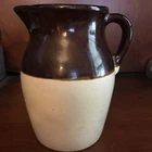 Vintage USA Pottery Pitcher, brown and cream, 8-1/2” tall