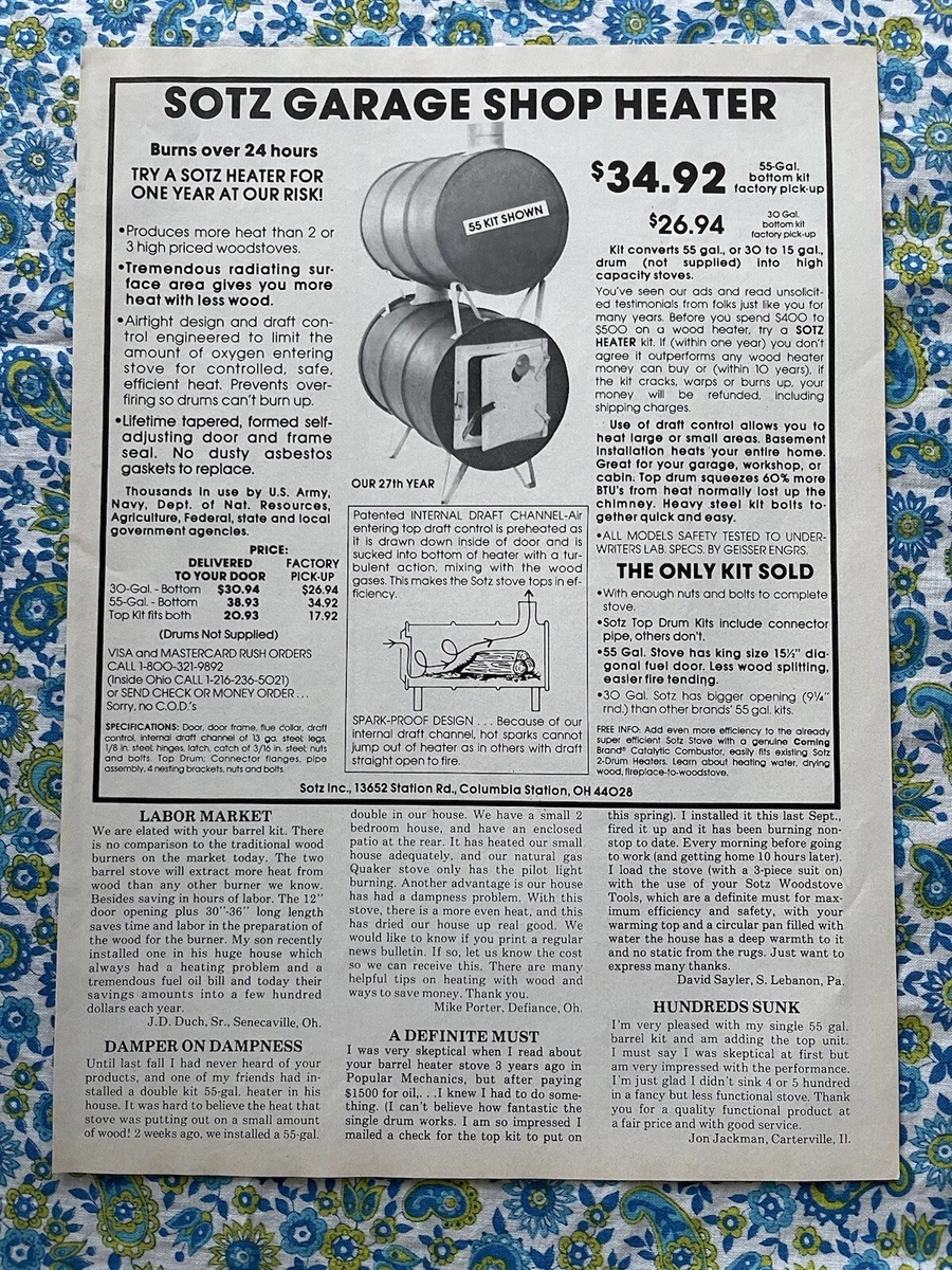 Vintage 1983 Sotz Garage Shop Heater Print Ad | eBay