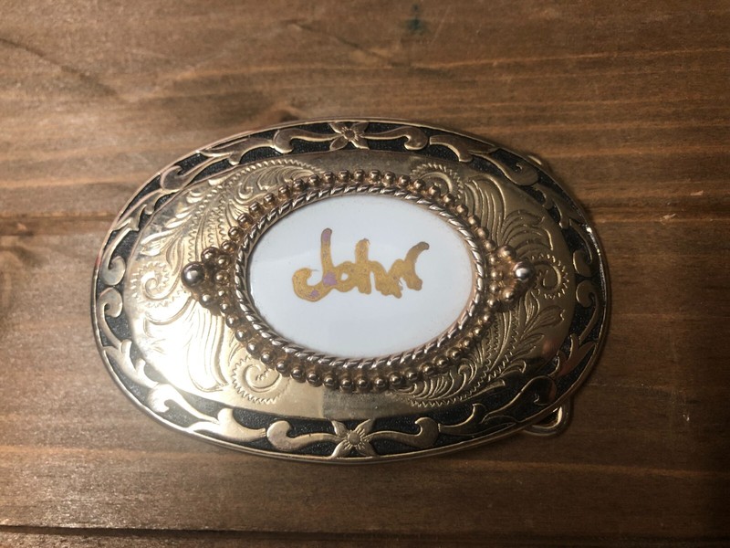 Vintage western style gold color metal name belt buckle John 3 1/2 X 2 1/4 inch
