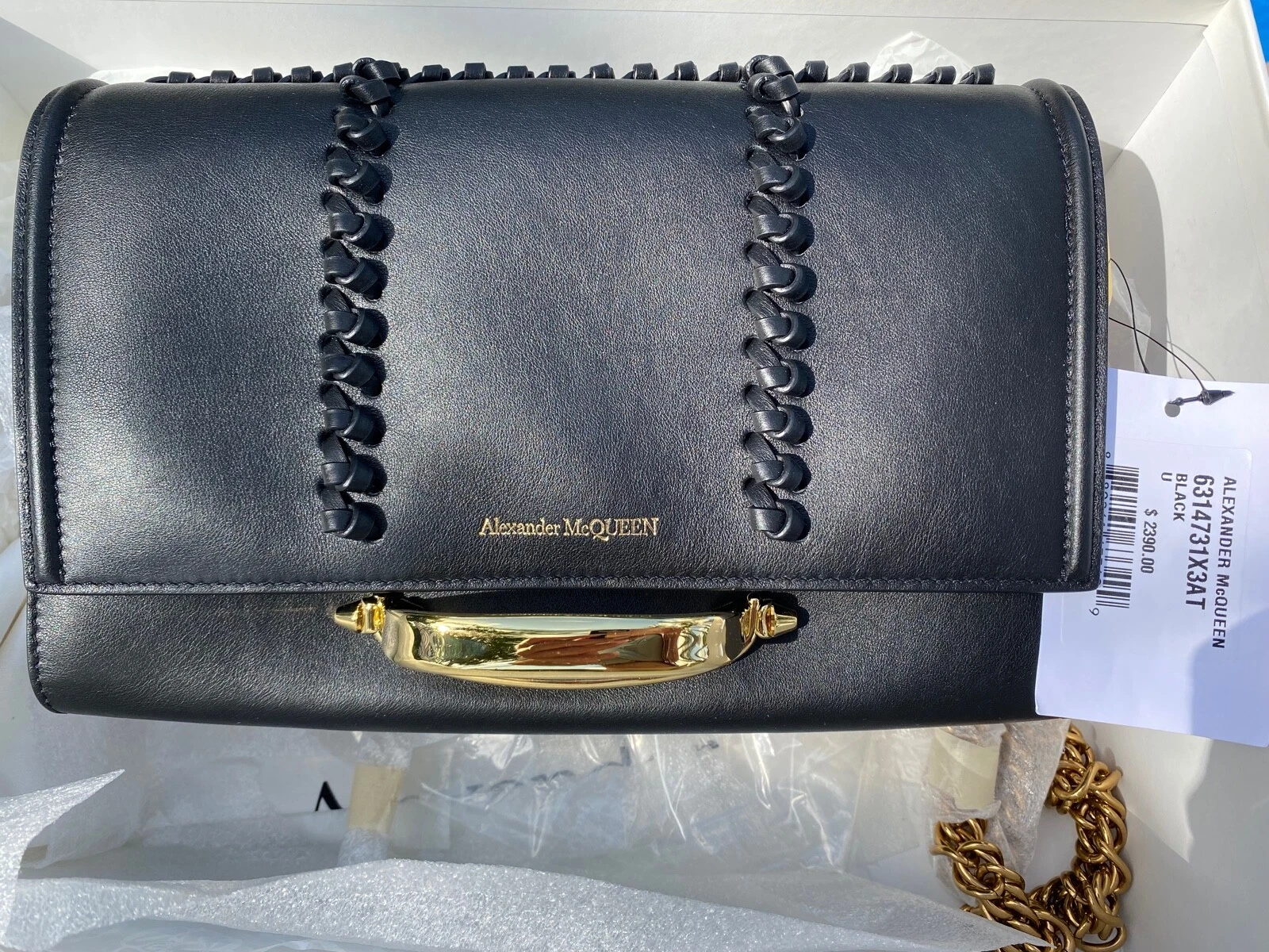 Borsa ALEXANDER MCQUEEN 'The Story' nuova pelle nera oro catena nocche