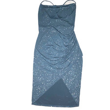 NWT Bluebell Blue Sparkle Front Detail Evening Dress Sz L Stretchy Hi Low