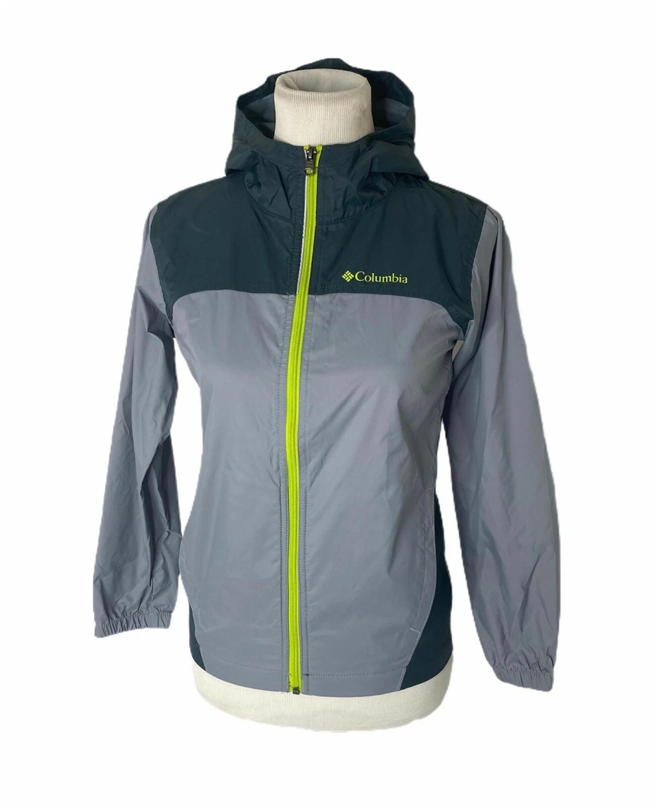 Columbia Boys Medium Windbreaker Jacket Grey and Green Full Zip