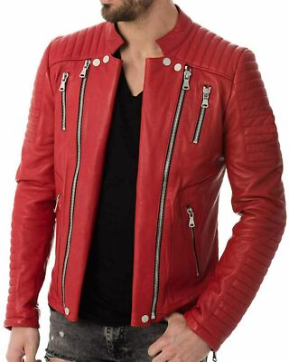 Classic Style Men's Red Motorbike Jacket 100% Genuine Leather Vintage Retro Coat
