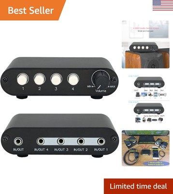 3.5mm Stereo Audio Switch Box - 4 in 1 Out Selector Splitter with Volume Control