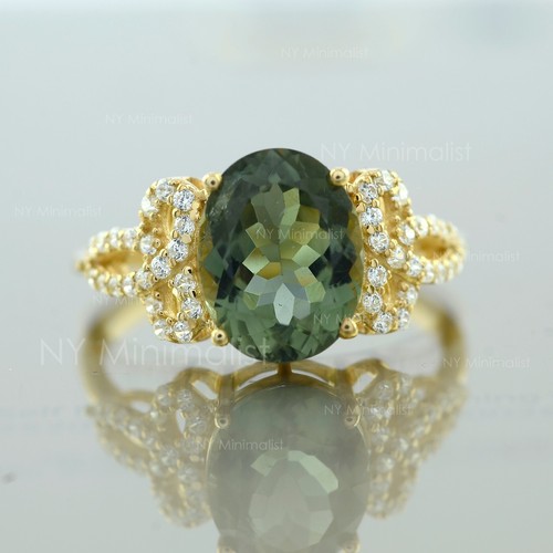 Infinity Celtic Trinity Knot Shank Ring Green Tourmaline Diamond 18K Yellow Gold - Picture 8 of 17