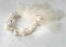 Vintage 1980s Cream Floral Headband With Fan Tulle Veil Wedding Hairpiece