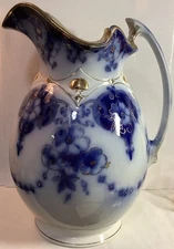 MT1044 Myott Son & Co Large Semi Porcelain English Blue Flow Pitcher W/Gold Trim