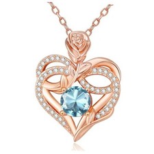 Rose Gold Birthstone Heart Necklace for Women, Rose Flower 03-Mar Birthstone