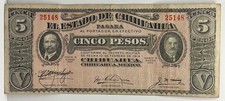 Mexico Chihuahua 5 Pesos 1915 Revolutionary State Issue Dual Portrait Note