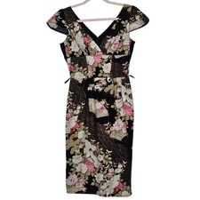 Vintage Linb Made in England Black Crane Floral Cap Sleeve Wrap Dress Size 6