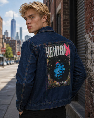 Pull & Bear Hendrix Denim Jean Jacket Blue Graphic Print Rock Music Mens 38 (M)