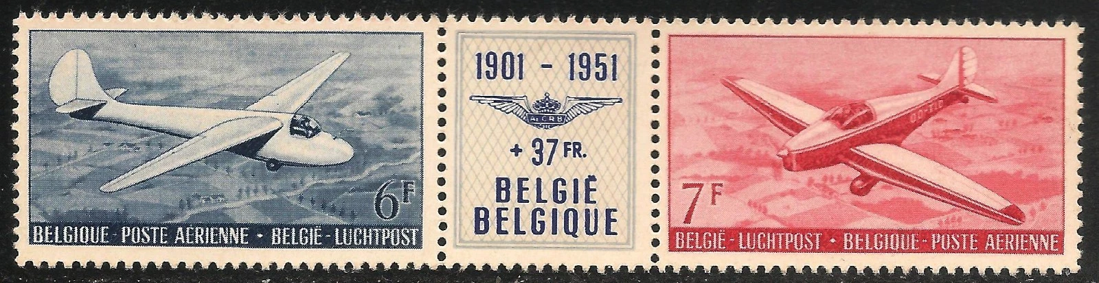 Belgium #C12A (AP7) VF MNH / LABEL VLH - 1951 6fr to 7fr Glider / "Tispy" Plane image 1