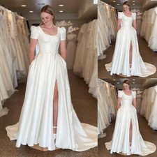 Satin Wedding Dress Side Splited A Line Simple Short Sleeves White Bridal Gowns