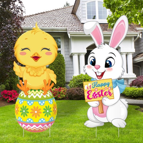 2 Pack Easter Yard Signs Cute Bunnies Chick Outdoor Lawn Decorations Easter E...