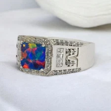 Black Opal Emerald Cut Gemstone With 925 Sterling Silver Ring For Men's #771