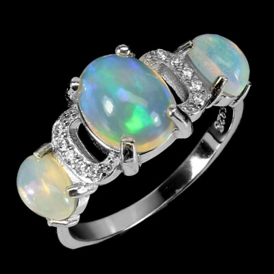 Bague Fer à Cheval Avec Opale De Feu Bleue - Taille 9,25 - Argent Plaqué - Pierre De Laboratoire - Neuf