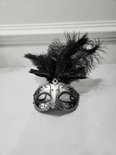 New Silver Venetian Carnival Black Feather Masquerade Mask Mardi Gras Halloween