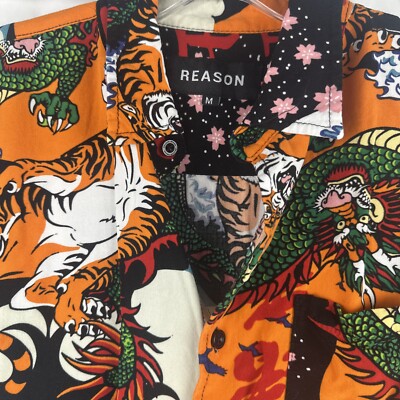Men's REASON CLOTHING Asian Dragon Tiger AOP Button up Shirt sz