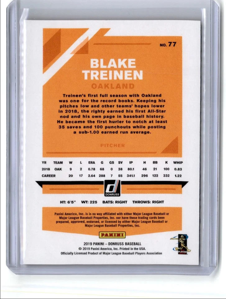 2019 Donruss Mother's Day Ribbon Blake Treinen 16/25 Oakland Athletics #77 - Image 2 of 2