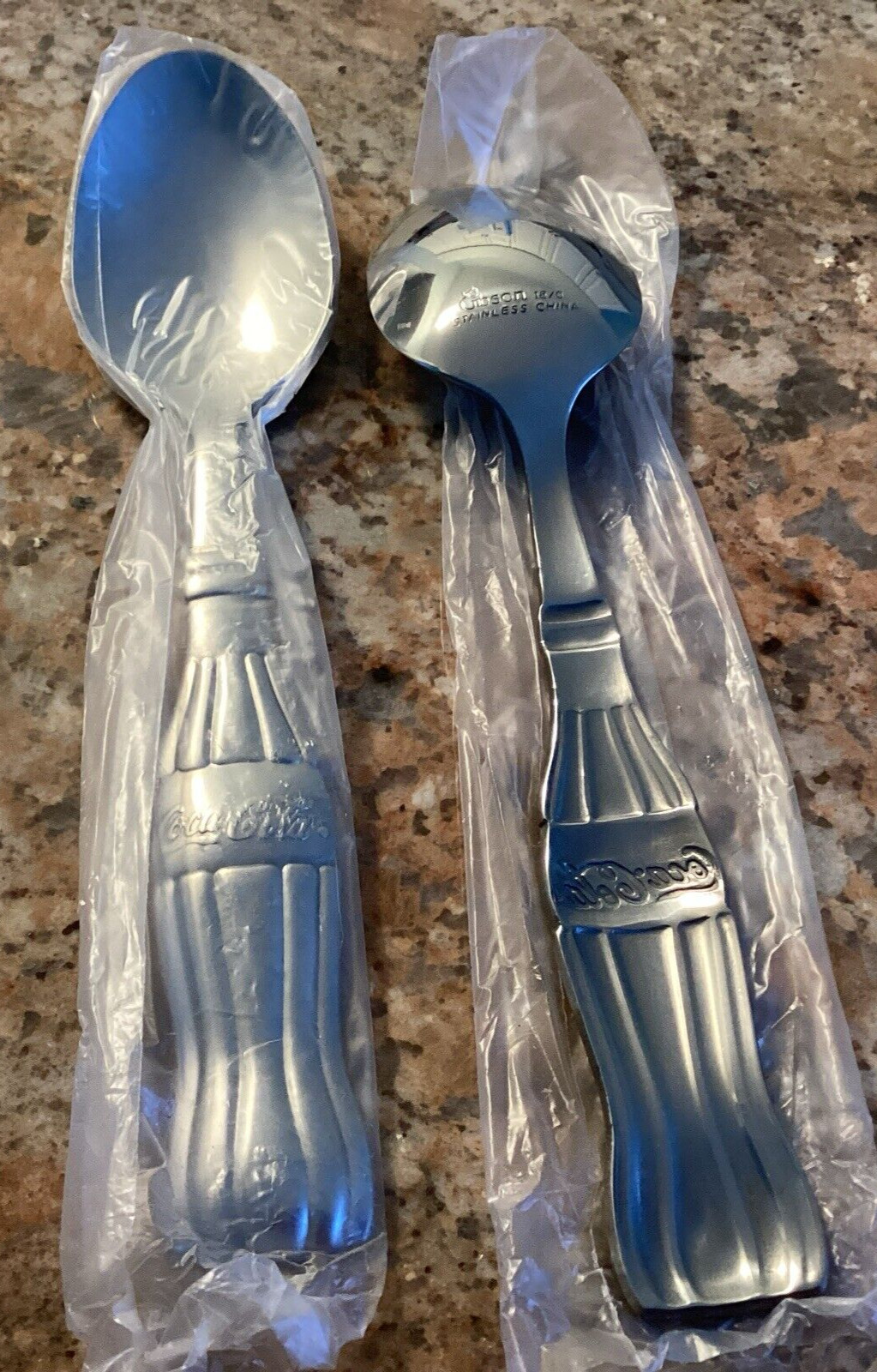 Gibson COKE Bottle Handle 2 Lrg Soup Spoons Unused Coca-Cola Stainless Flatware