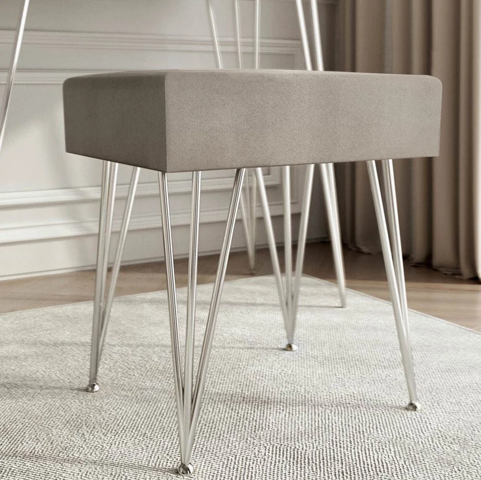 Olivia Velvet Padded Stool Dove grey velvet seat Silver hairpin legs - Image 2 of 4