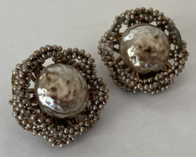 Vintage Miriam Haskell Signed Baroque Pearl Seed Pearl Clip Earrings PLEASE READ