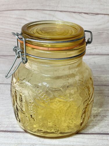Vtg Crownford Corn Yellow Glass Jar Canister Made In Italy 1983 Hinged Lid - Afbeelding 1 van 7
