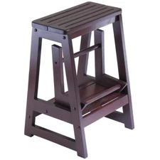 Walnut Folding Step Stool Seat 2 Tier Platform Ladder Kitchen Office Solid Wood