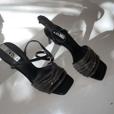 Zara Black Leather Strappy Square Toe Heel Sandals Sz 37 UK - Main Image
