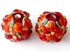 10Pcs Handmade Lampwork Glass Round Beads Orange Flower 15Mm