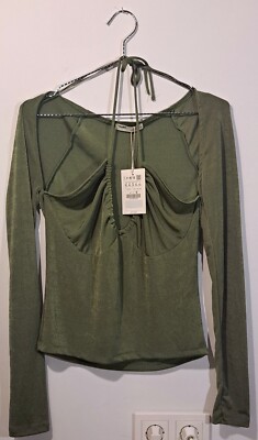 Pull & Bear Size XL Top Shirt Long Sleeve With Neckline & Tie Detail Khaki Green