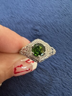Sterling Silver 925 BBJ Signed Ornate Round Green Tourmaline Ring