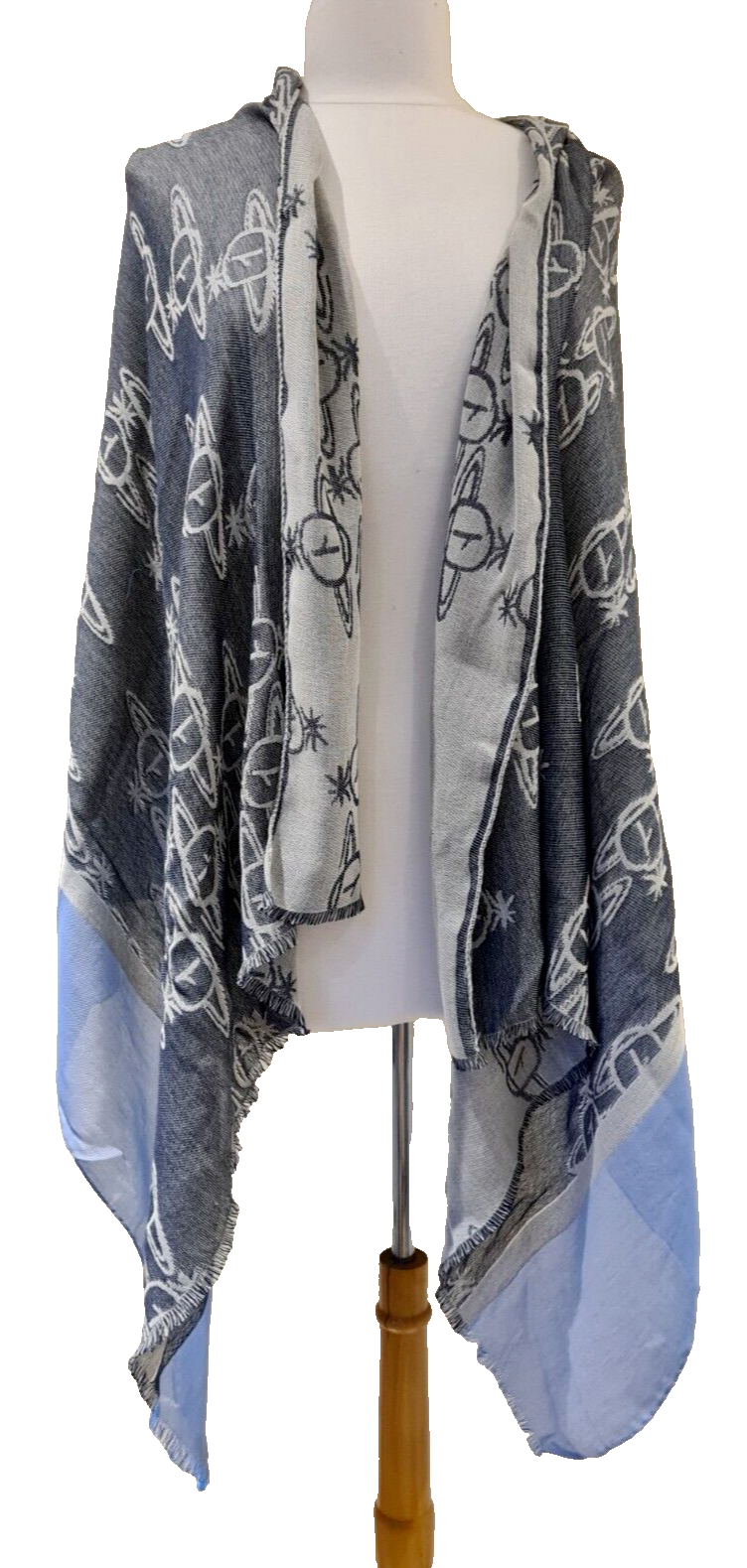 Vivienne Westwood Blue Cotton Orb Scarf Fringed Wrap New with Tags