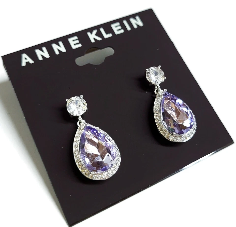 Pendientes colgantes Anne Klein con halo de pera de cristal púrpura enchapado en varios tonos plateados nuevos con etiquetas Foto 4 de 4