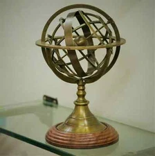 12" ANTIQUE BRASS ARMILLARY SPHERE GLOBE ASTROLABE ZODIAC WITH WOODEN BASE