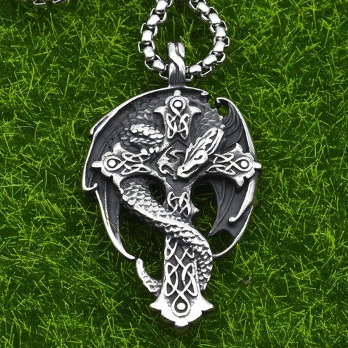 Collar Colgante Cruz Dragón Celta de Acero Inoxidable 316L Guardián Amuleto Plata - Imagen 6 de 10